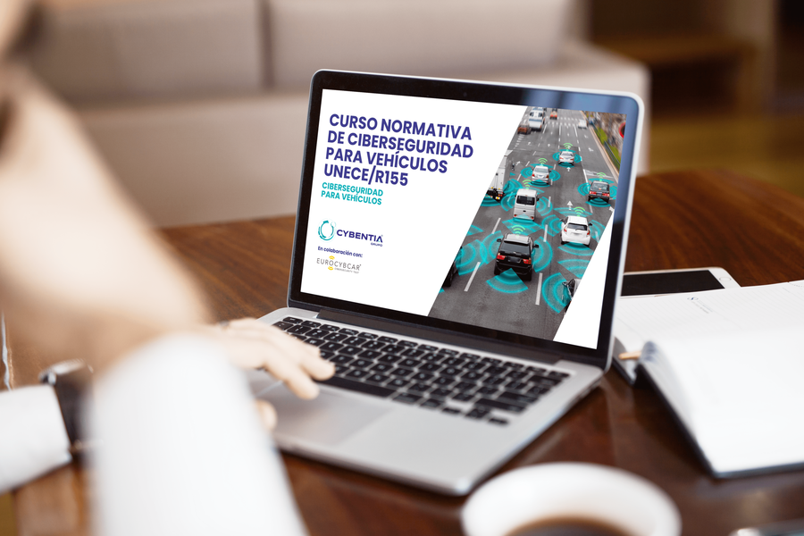 Ordenador Portada Curso Normativa de Ciberseguridad para Vehículos UNECE R155 Grupo CYBENTIA en colaboración con EUROCYBCAR Curso de Normativa UNECE R155 de Vehículos