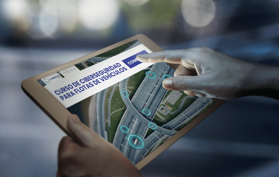 Tablet con curso de Ciberseguridad en las Flotas de Vehículos Grupo CYBENTIA EUROCYBCAR Curso de Ciberseguridad para Flotas de Vehículos